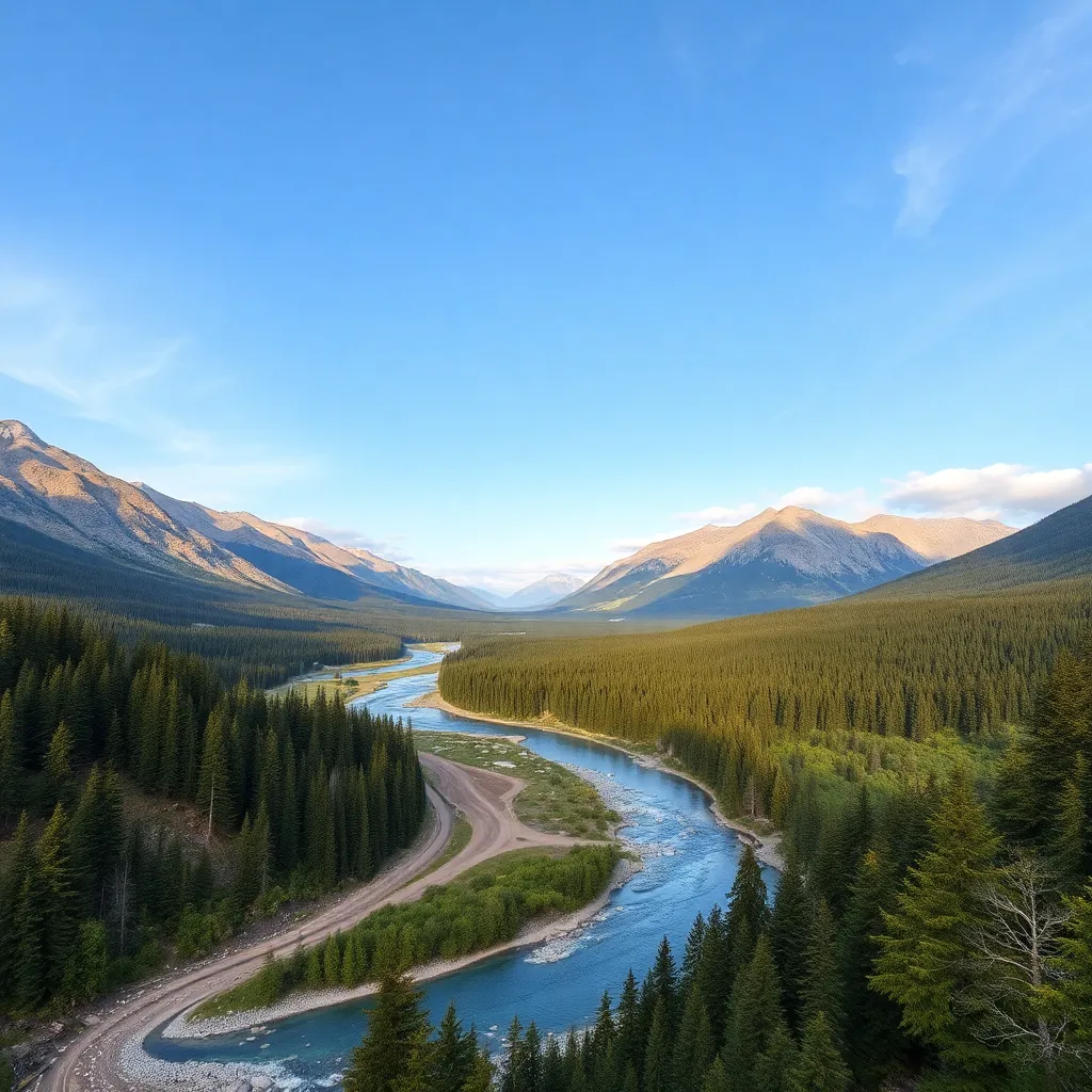 Scenic mountain landscape with a winding river and forest
