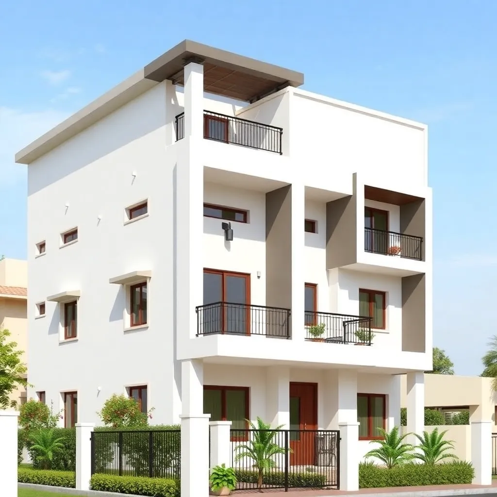Modern 3 story house with balconies and white facade, residential, Jaipur [RJ]