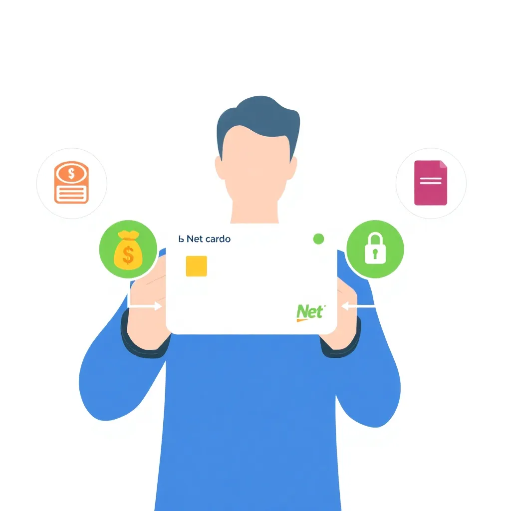 Ilustración de persona usando Net Cash en dispositivo móvil con iconos de seguridad y cifrado