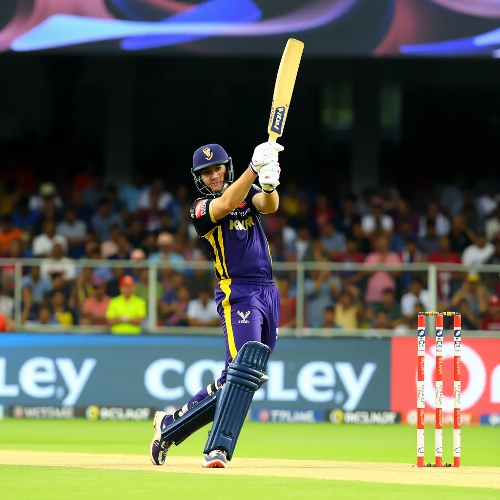 KKR batsman playing a shot during IPL 2025 match at Eden Gardens, Kolkata, with crowd in background