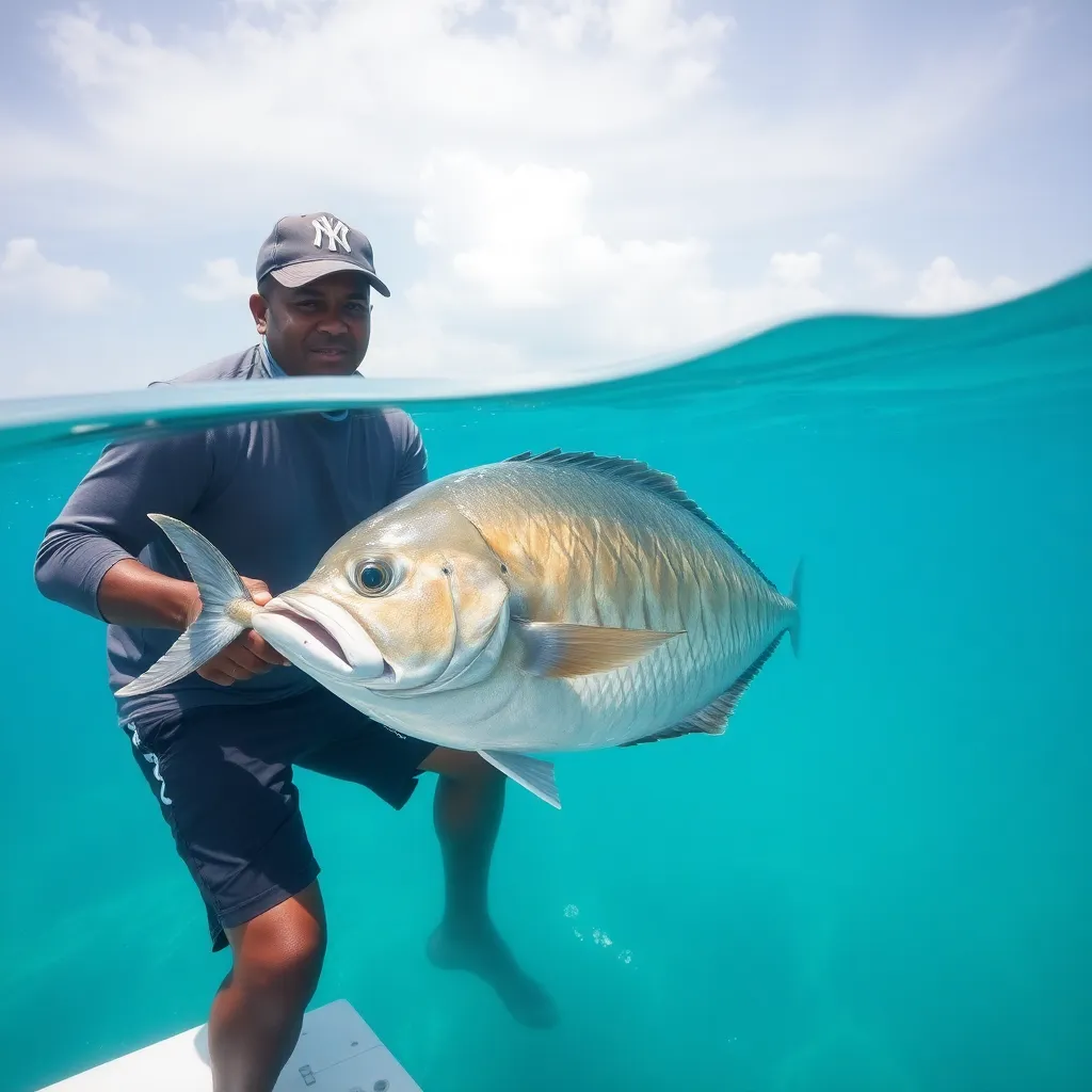 Seorang pemancing memegang ikan Giant Trevally besar di tepi pantai dengan latar belakang laut biru cerah