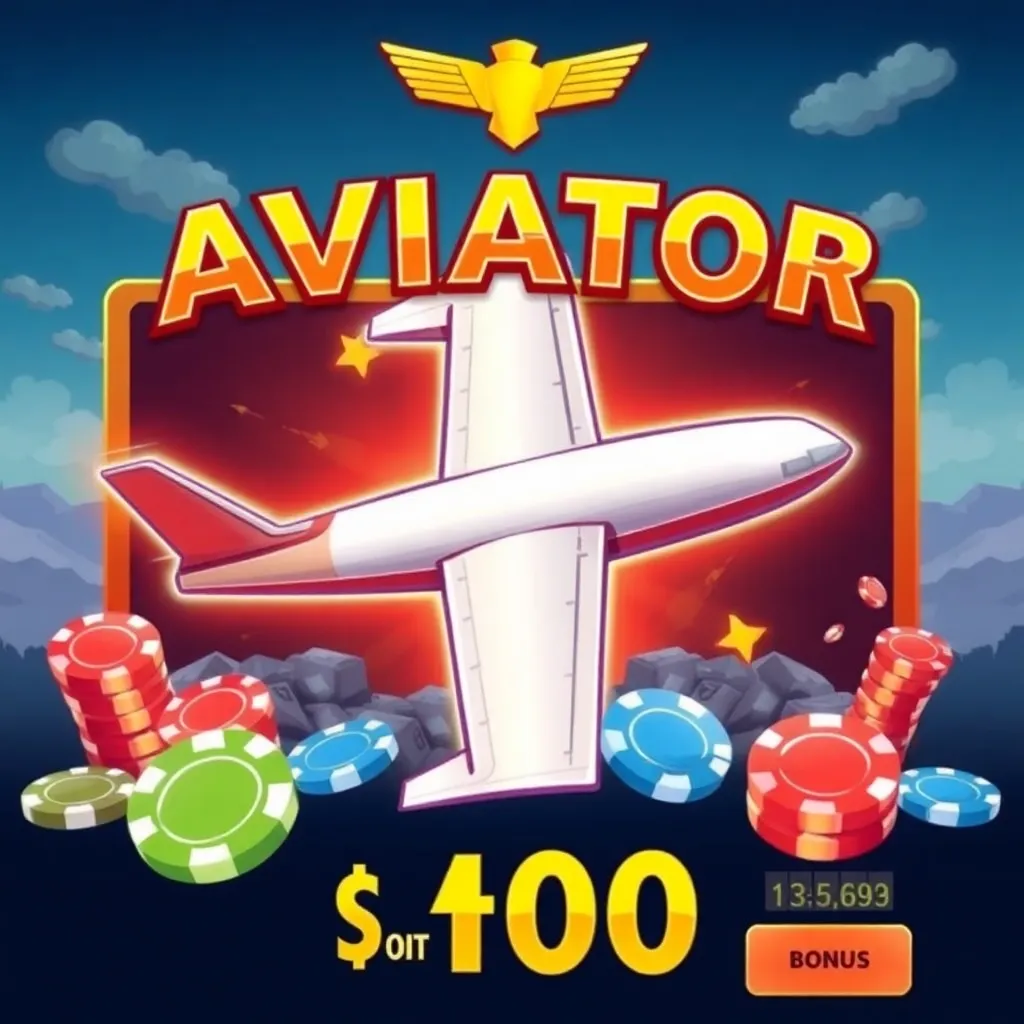 Illustration of Aviator crash game with airplane icon, betting chips, and bonus multipliers