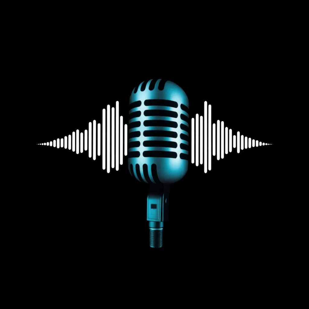 Album cover art featuring a black and cyan microphone with white sound waves on a dark background