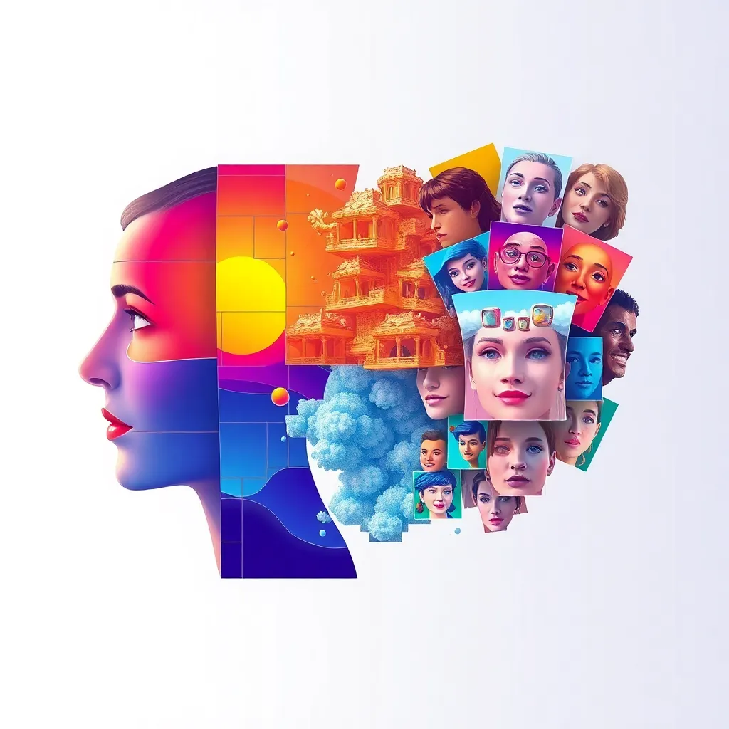 Colorful digital illustration showing an image being split into multiple parts on the left and multiple images merging into one on the right