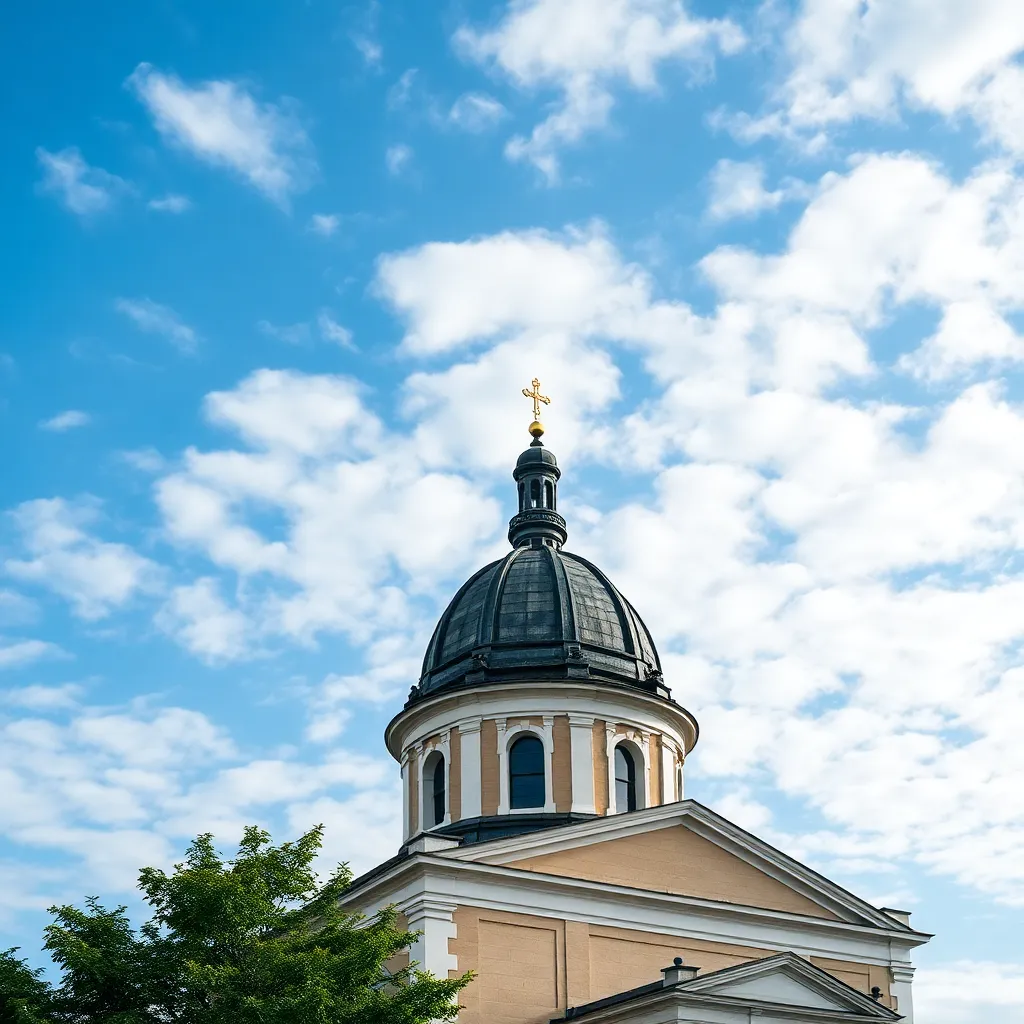 Kostel s kopulí a modrou oblohou s bílými mraky