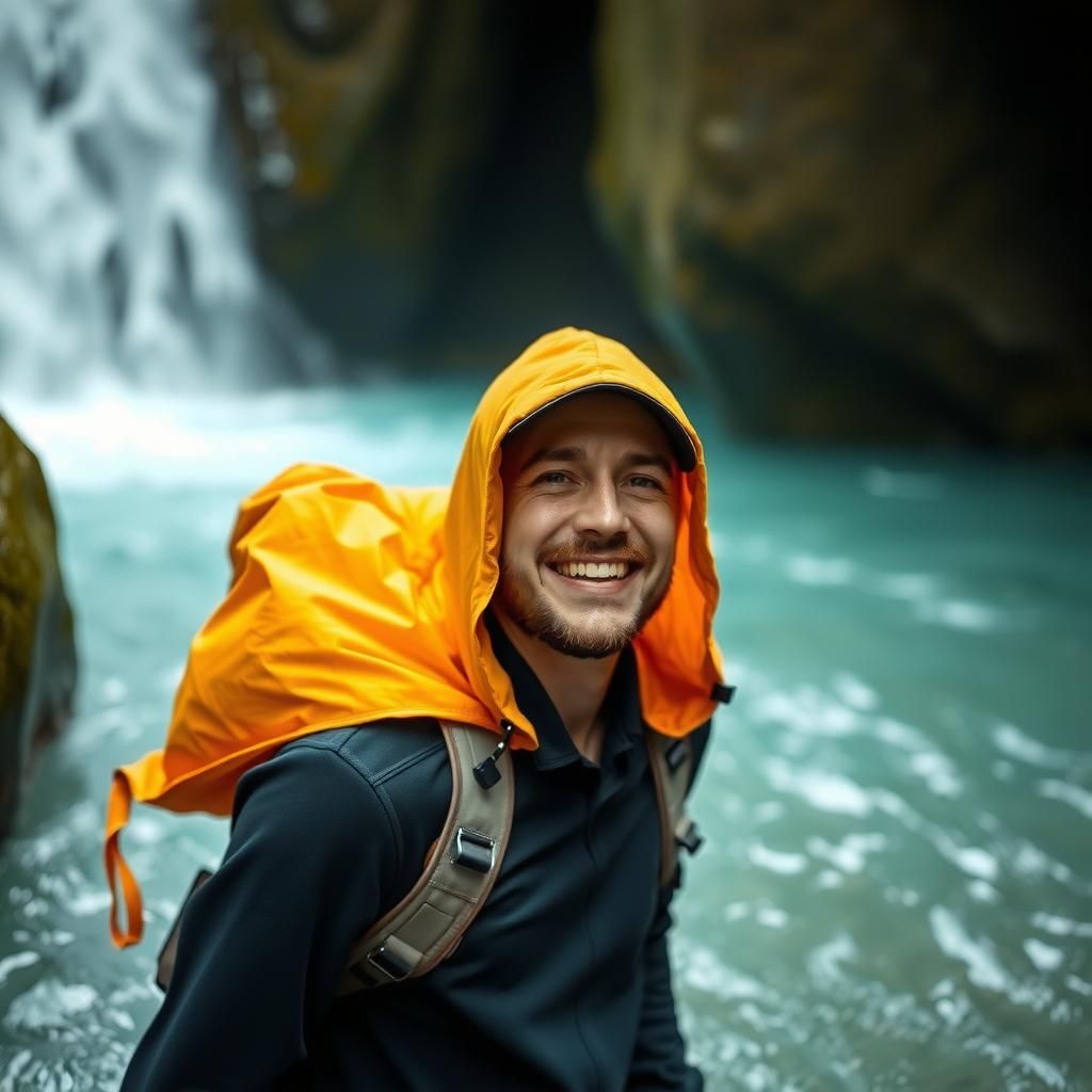 Homem sorrindo com mochila em uma cachoeira