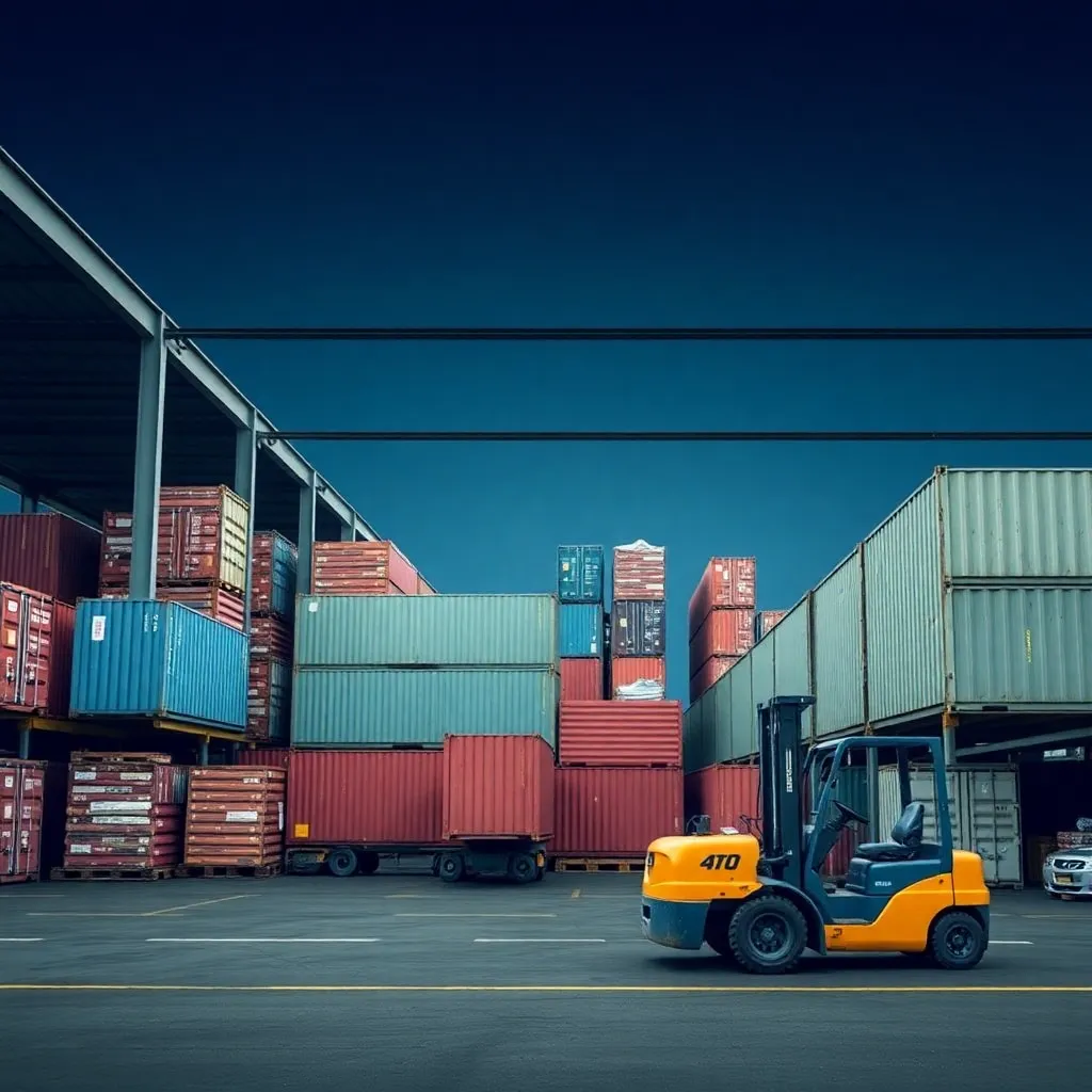 Depósito logístico en Argentina con contenedores apilados y montacargas moviendo carga