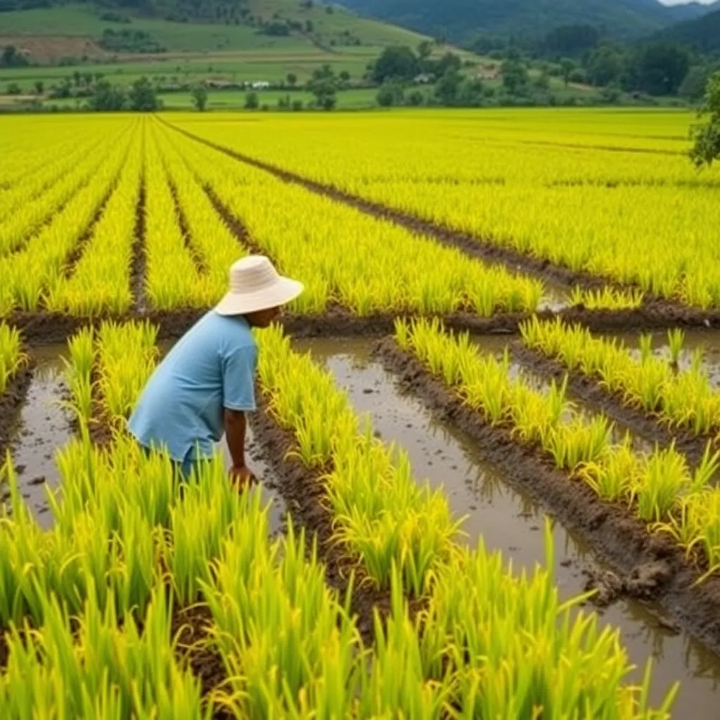 Mesin pemanen padi berwarna kuning dengan latar belakang sawah hijau