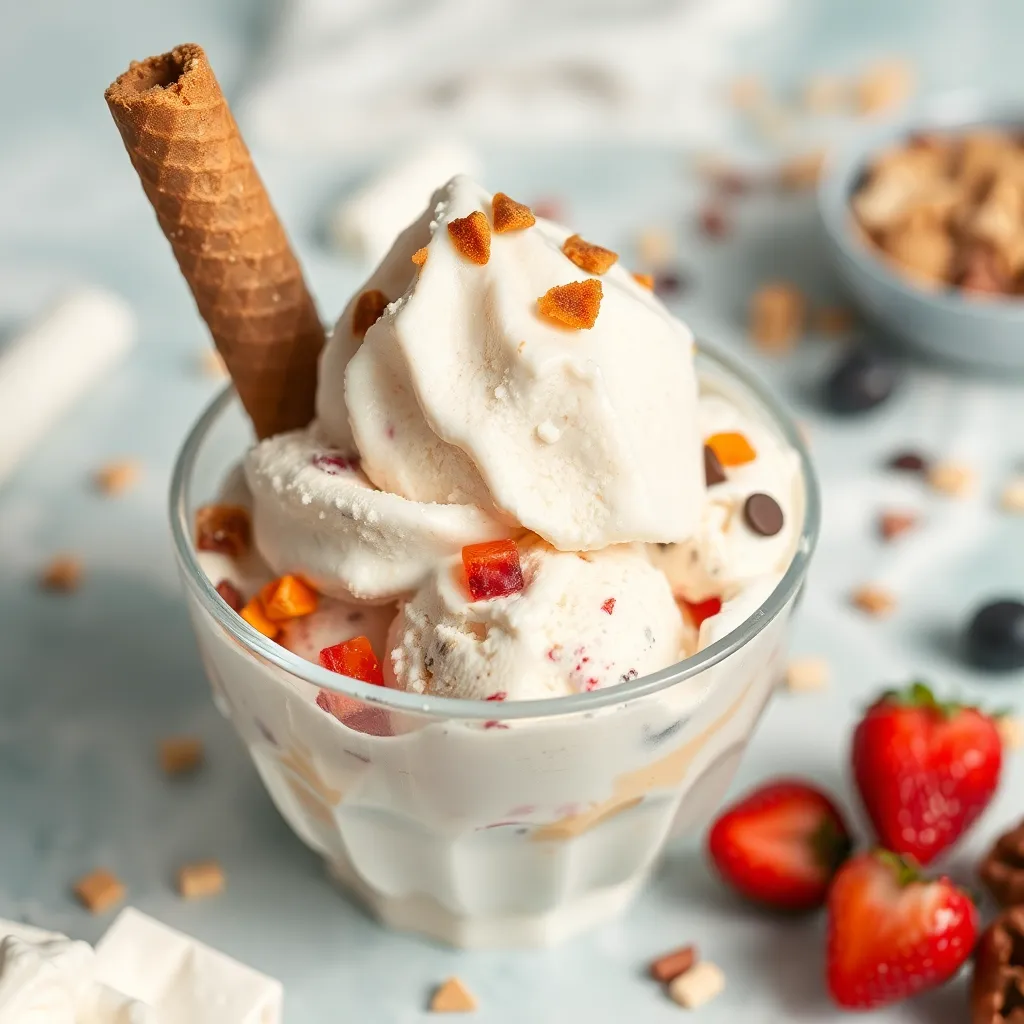 Gambar es krim eksplorasi dengan semangkuk es krim dan topping