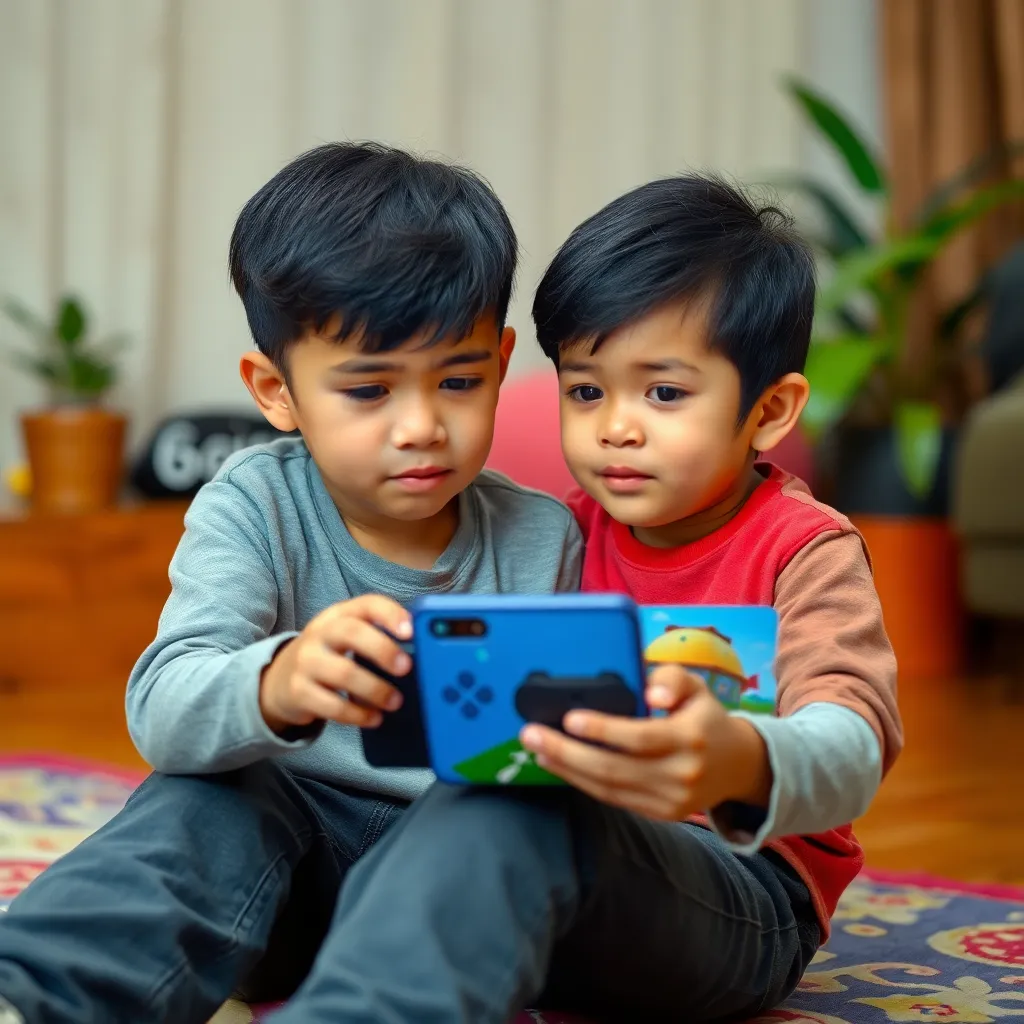 Seorang anak laki-laki sedang bermain game Roblox di ruang tamu rumah dengan ekspresi serius dan fokus