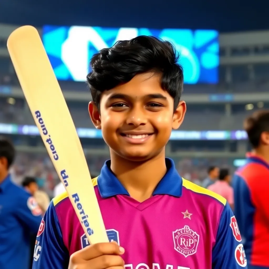 14-year-old Vaibhav Suryavanshi celebrating his century during IPL match at Wankhede Stadium with Rajasthan Royals jersey