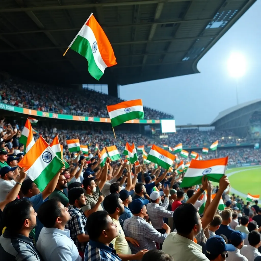 Crowd of cricket fans cheering and waving Indian flags in a packed stadium during a cricket match
