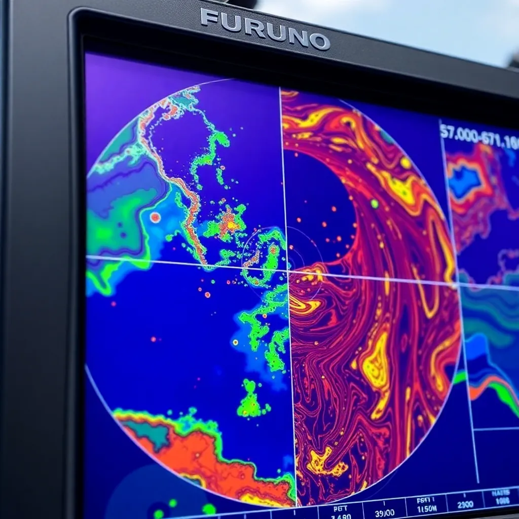 Close-up of Furuno FAR-2xx7 radar screen showing detailed nautical charts and radar targets in bright colors