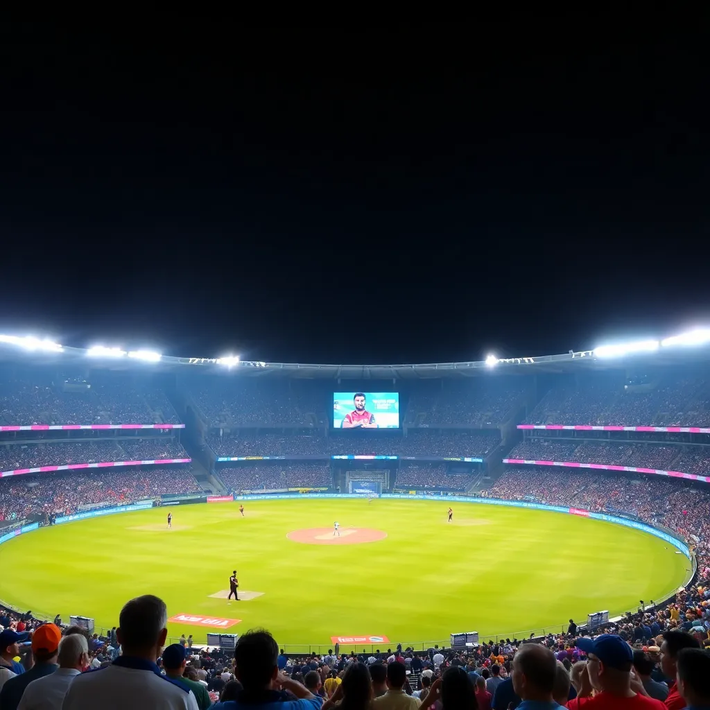 A packed cricket stadium under floodlights with Punjab Kings and Rajasthan Royals players in action during IPL 2025 match on May 18, 2025