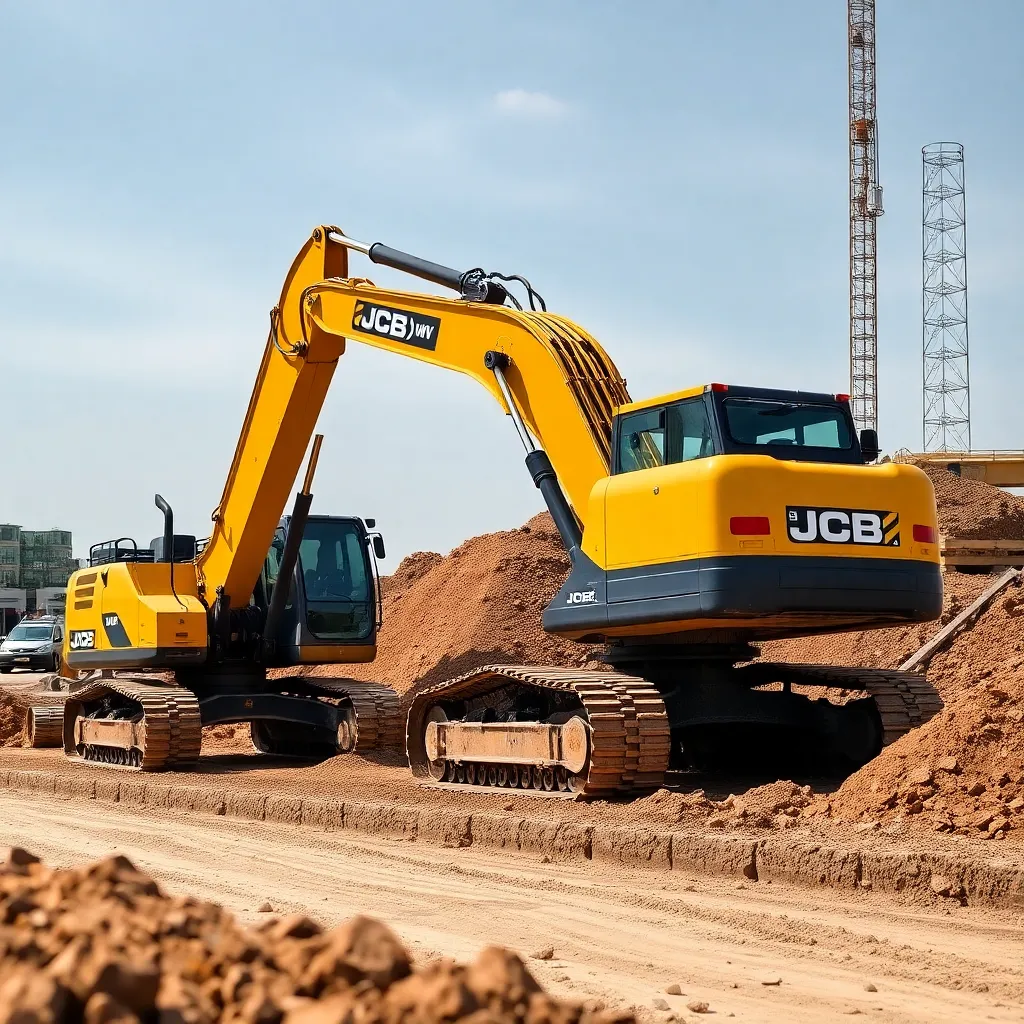JCB Hydradig Excavator working on a construction site with dirt and machinery