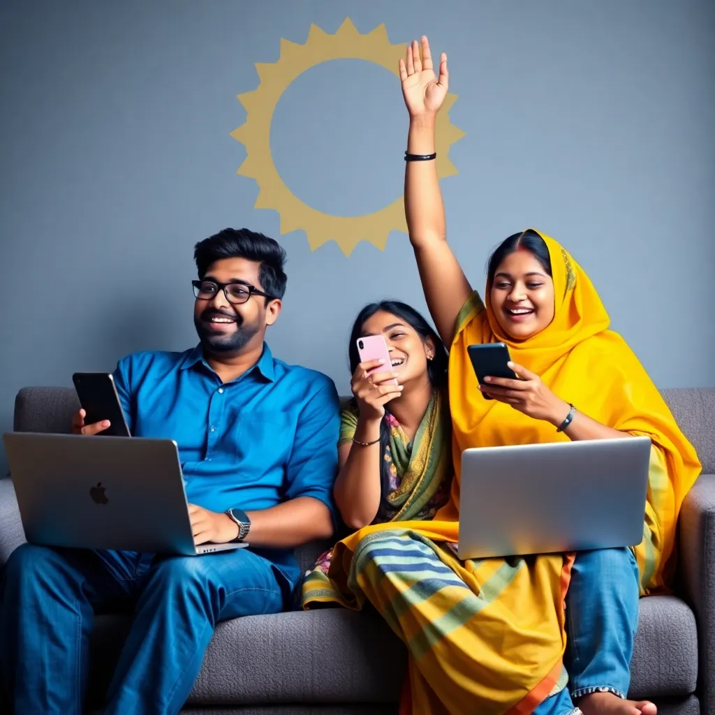 Happy Indian people celebrating online earnings with Bharat Club Attendance Bonus on their mobile phones and laptops