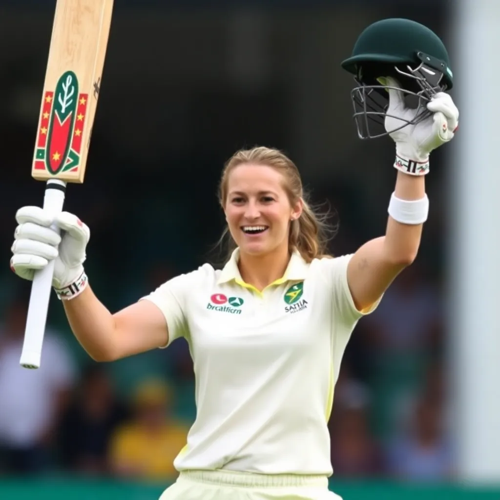 Close-up of Annerie Dercksen raising her bat in celebration after reaching her maiden ODI half-century, wearing South Africa Women cricket whites