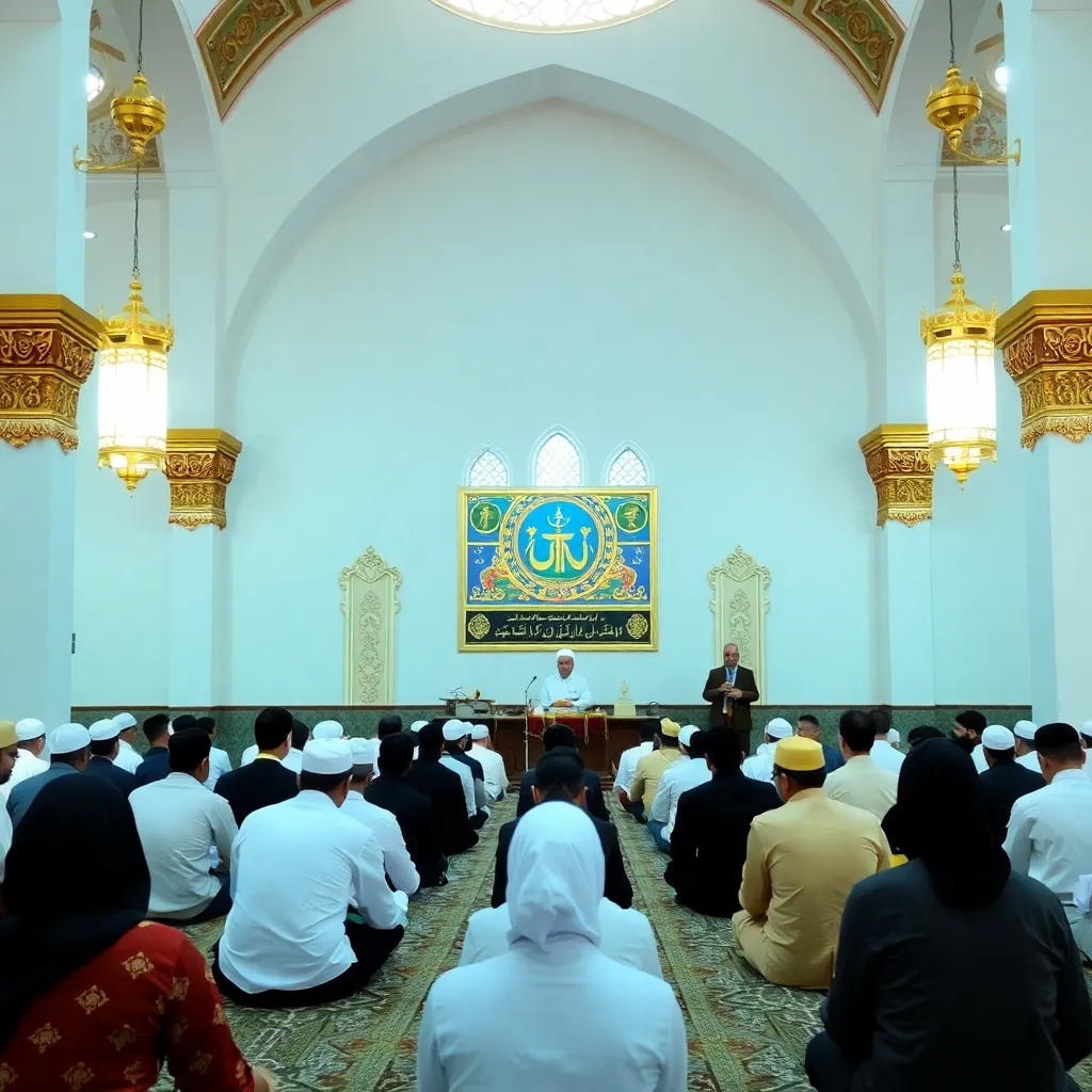 Group of people attending monthly Fiqih study session inside Masjid Nur Asiah with golden decorations