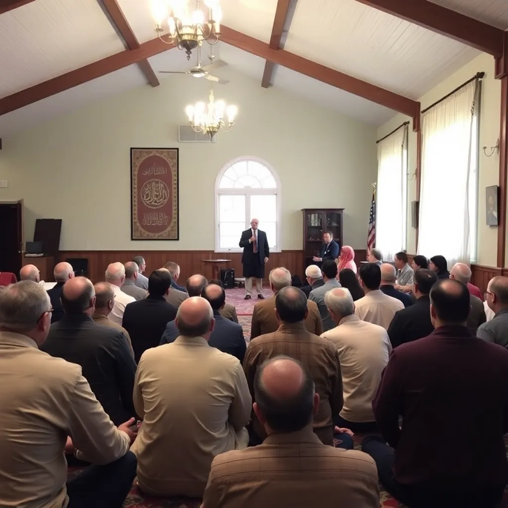 A weekly Islamic study session with people gathered in a community hall listening to a speaker