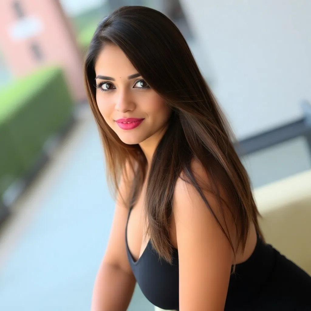 Beautiful Indian woman with long hair wearing a black dress, representing a premium Lucknow escort
