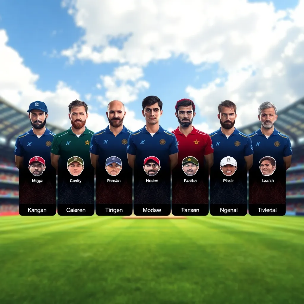 Fantasy cricket team lineup with player icons and cricket field background