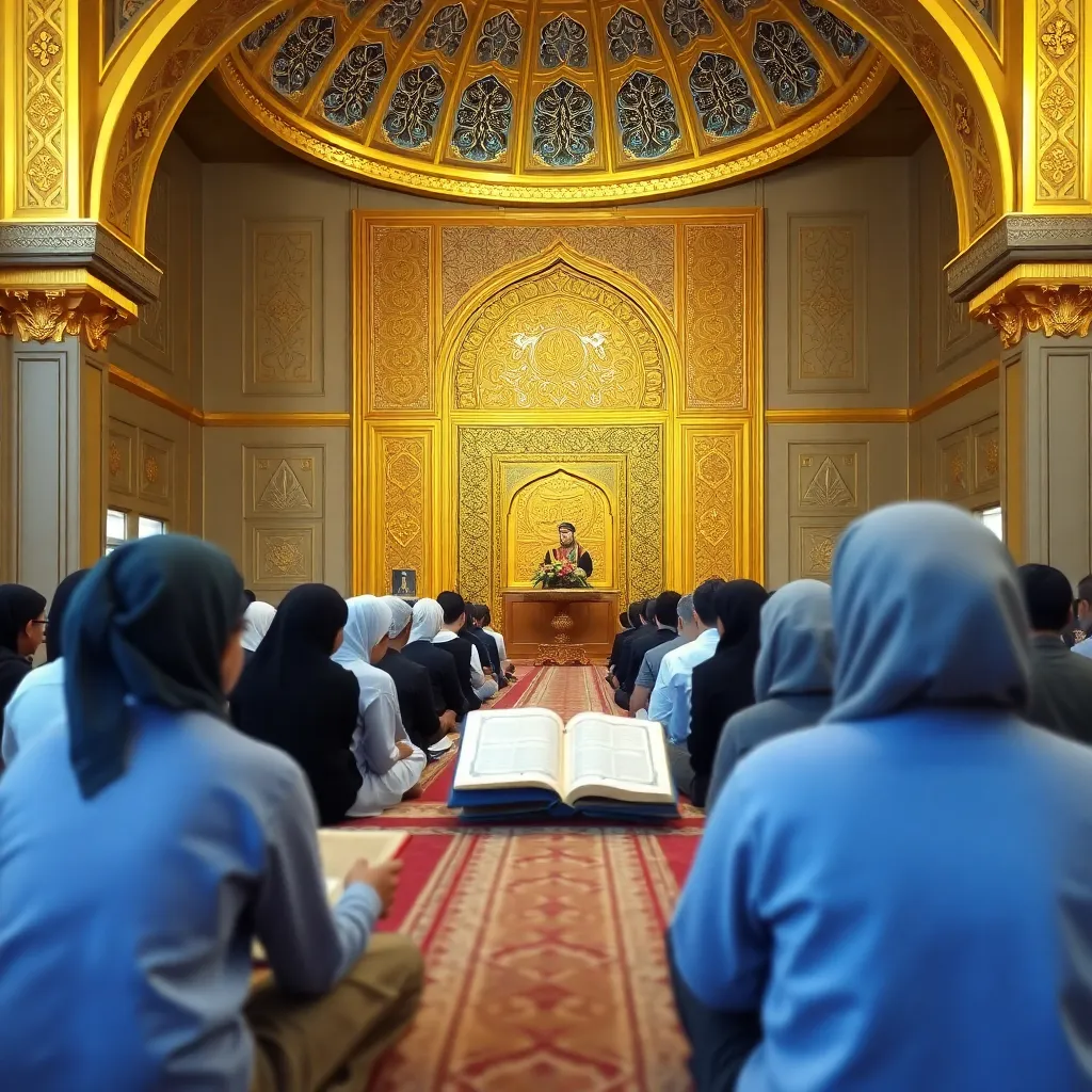 Children and teenagers attending Quranic recitation class in Masjid Nur Asiah with golden interior