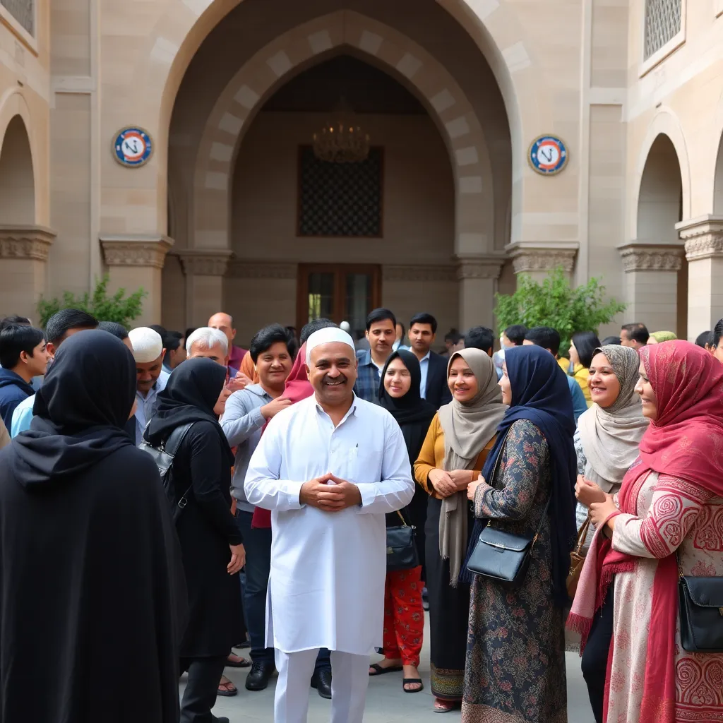 Kegiatan komunitas beragam orang di halaman masjid, tersenyum dan berinteraksi