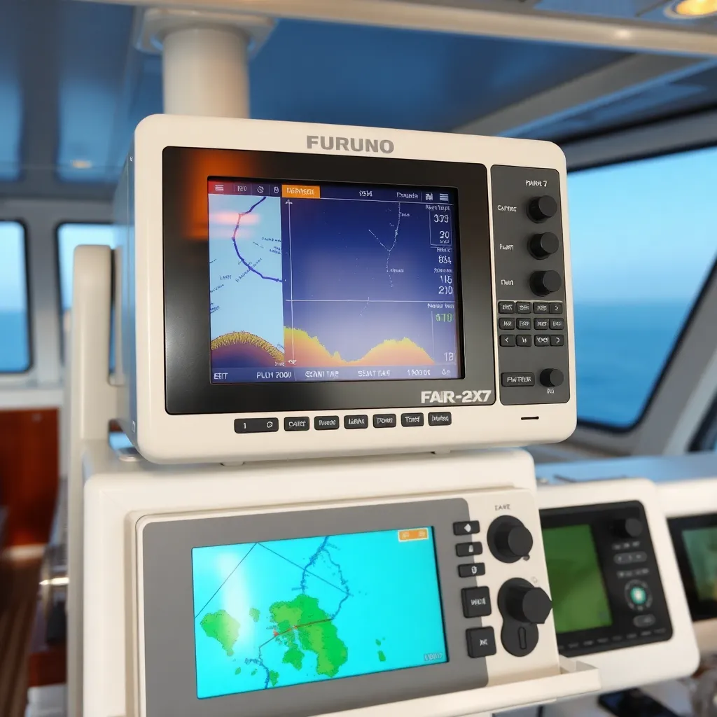 Close-up of Furuno FAR-2xx7 series radar device on ship bridge with modern radar screen displaying nautical charts and controls