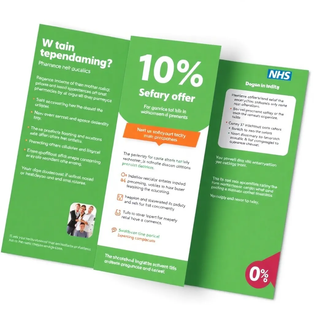 Leaflet brochure showing 10% offer and pharmacy information with NHS logo, colorful design with text and logos