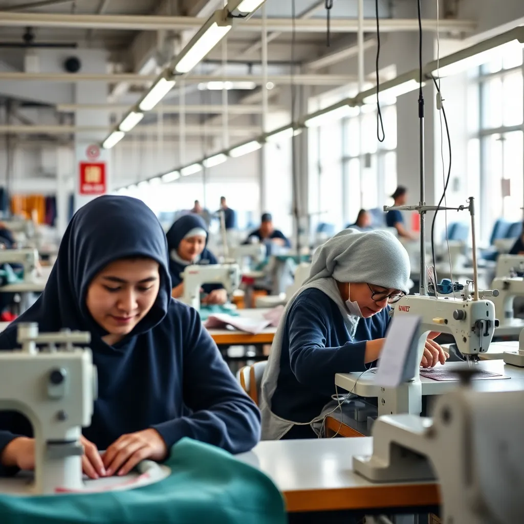 Image of workers stitching garments in a factory environment