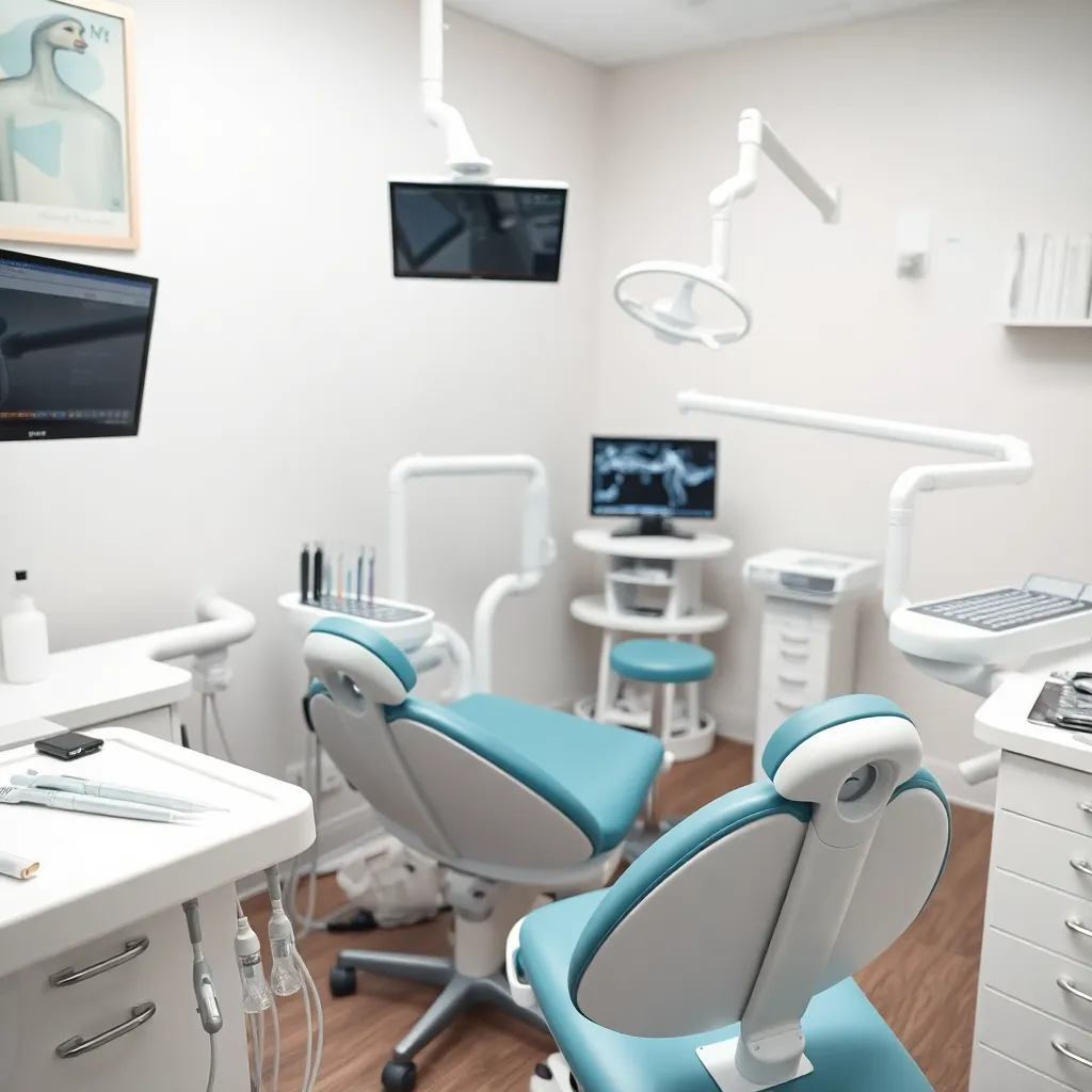 Close-up of modern dental equipment and tools in clinic, clean and sterile