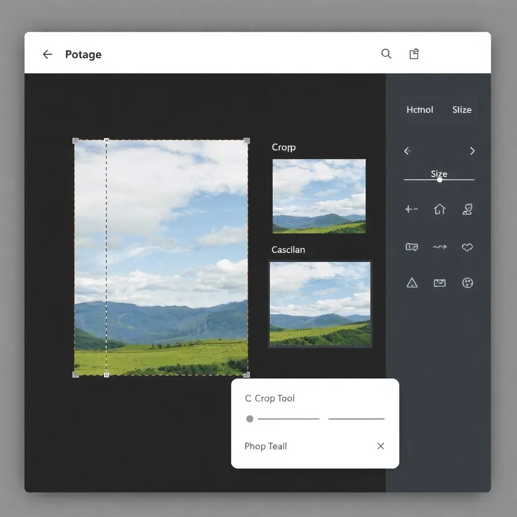Photo editor interface showing crop tool and resizing options with a landscape photo