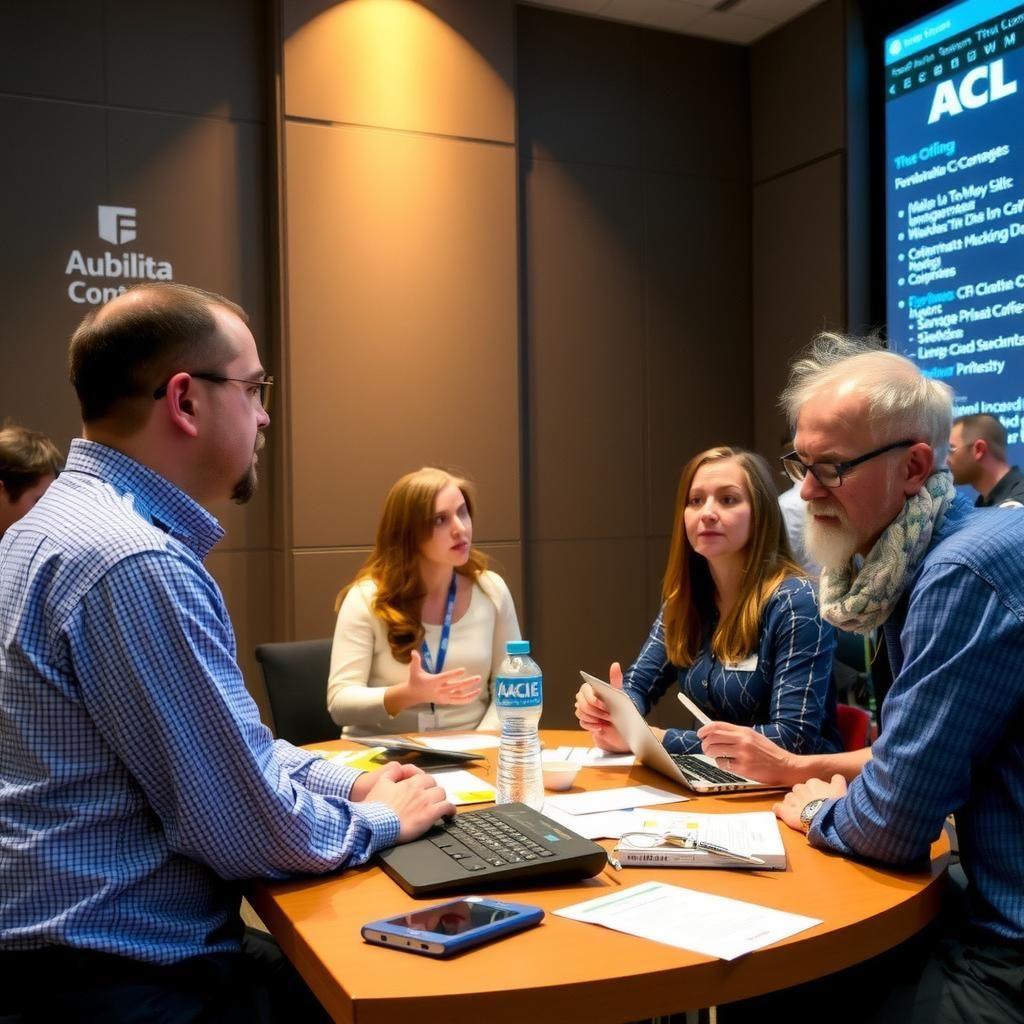 Researchers discussing natural language processing at ACL conference