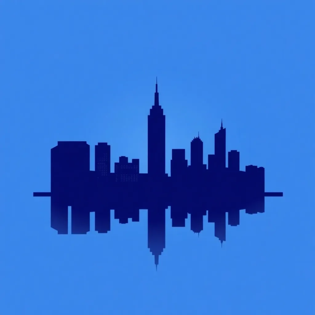 Decorative city skyline silhouette in dark blue on blue background