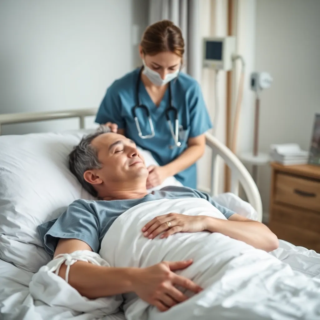 Post-operative patient resting at home with medical care, a patient resting comfortably in bed with a nurse checking on them