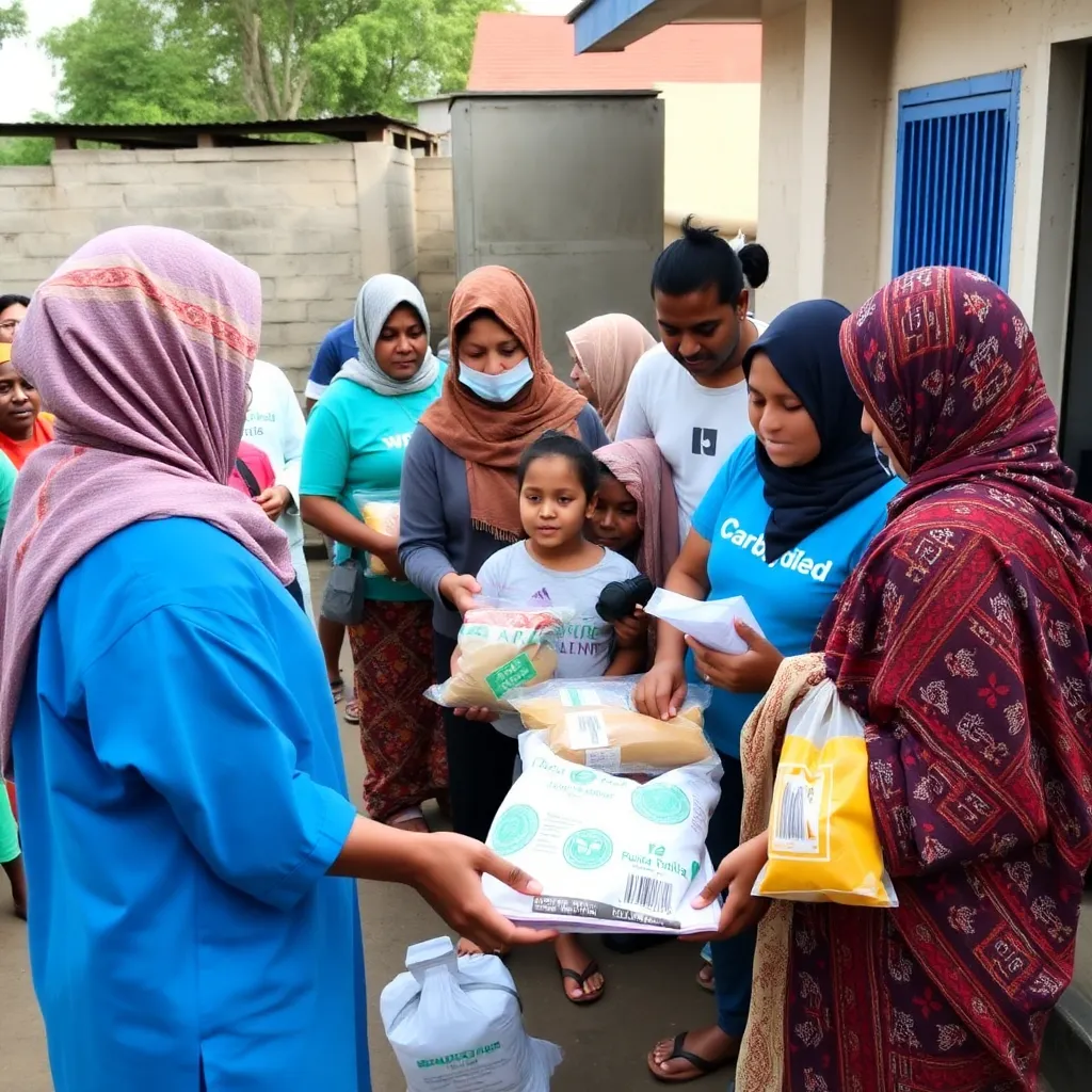 Volunteers distributing food and aid packages to underprivileged families in a community setting, showing compassion and support