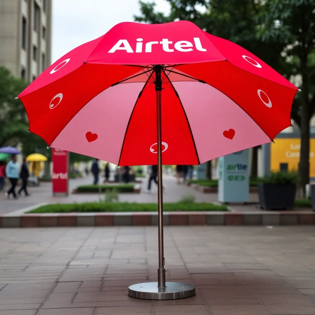 Red Airtel branded umbrella with stand