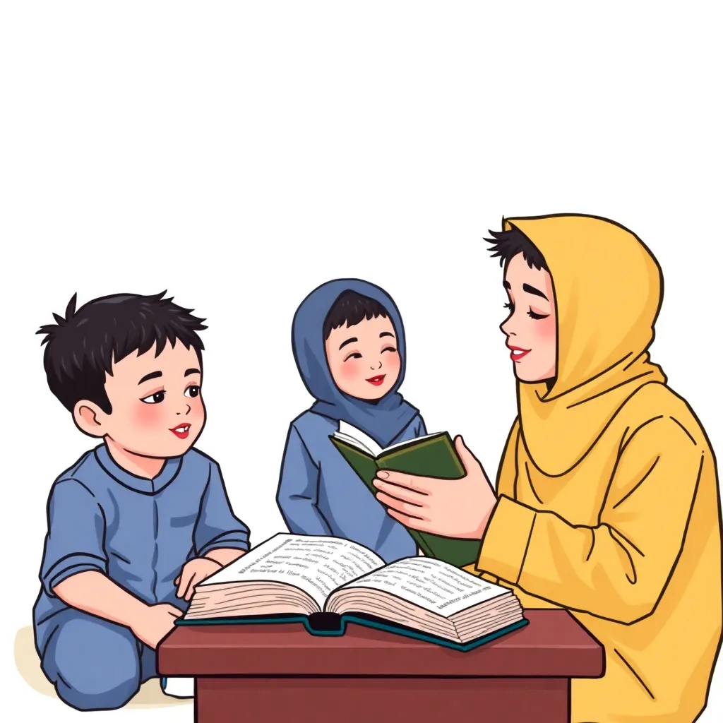 Ilustrasi anak-anak sedang belajar membaca Al-Qur'an dengan guru di sekolah yang ceria dan penuh warna