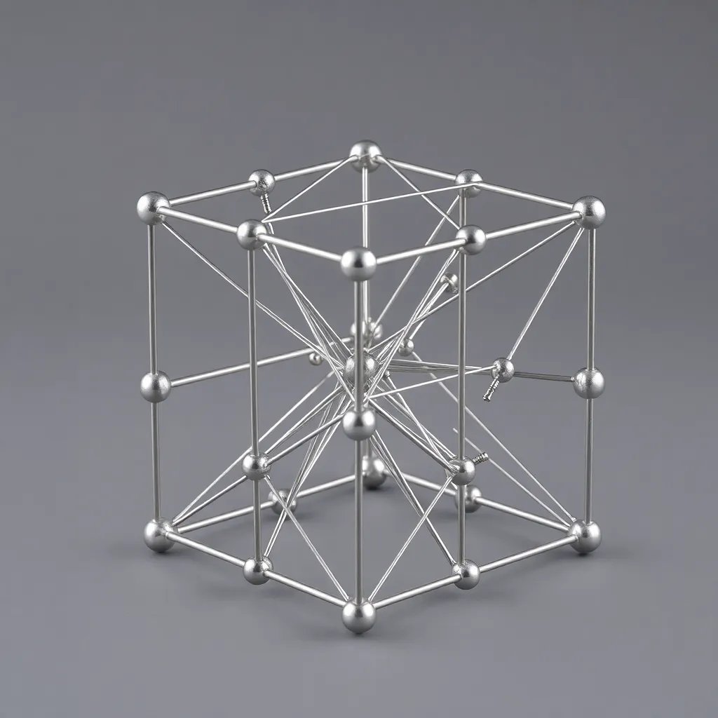 Metallic geometric cube structure with connecting rods on a gray background