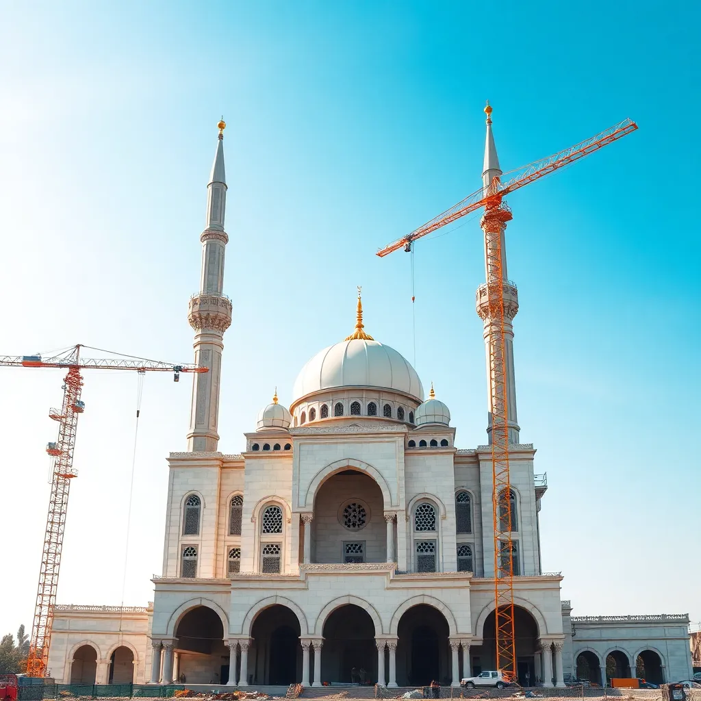 Construction site of a beautiful mosque with workers and cranes, showing architectural details and a clear blue sky in the background