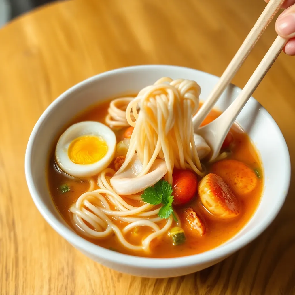 Bowl of Mie Kuah Seafood with seafood broth and noodles