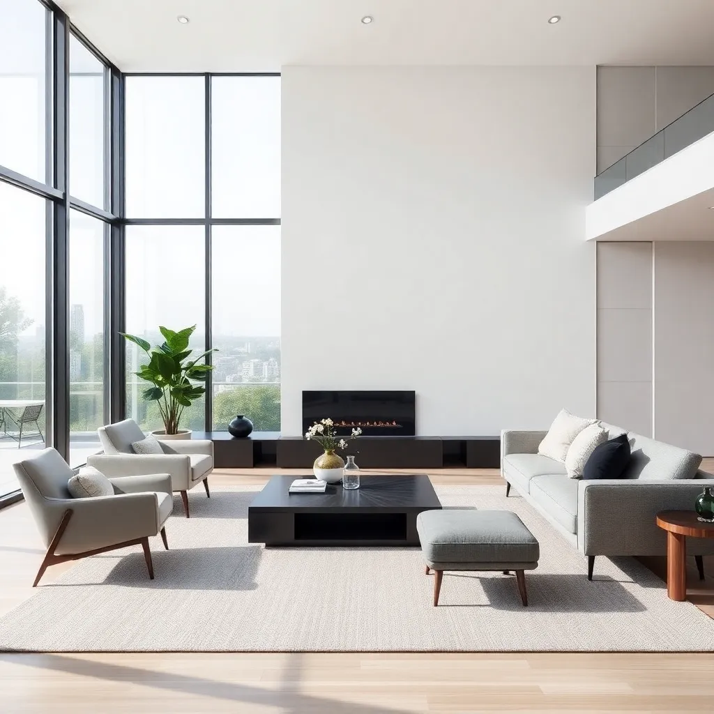 Elegant minimalist living room with neutral tones, modern furniture, and large windows