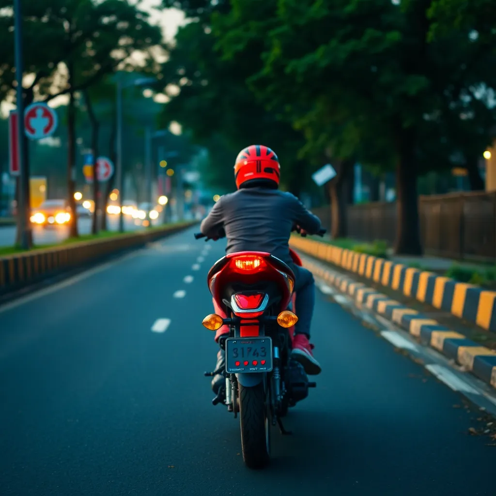 Sepeda motor merah dengan latar belakang jalan kota di siang hari