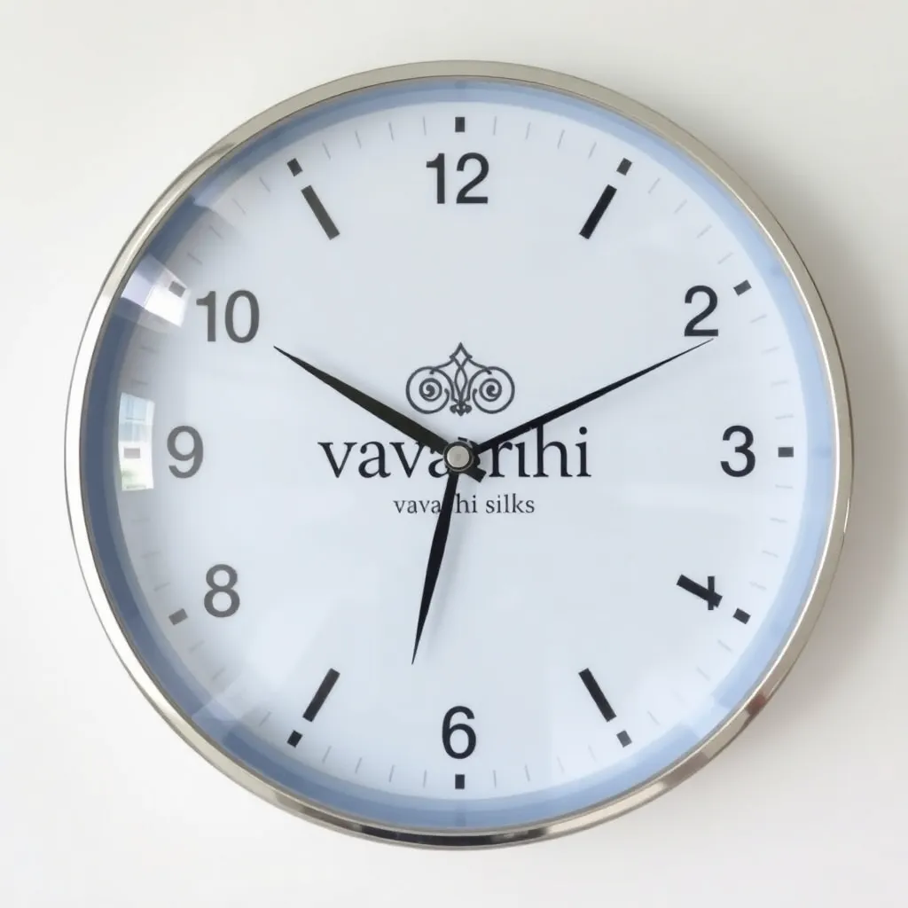 White round wall clock with silver rim and Vaarahi Silks logo in black