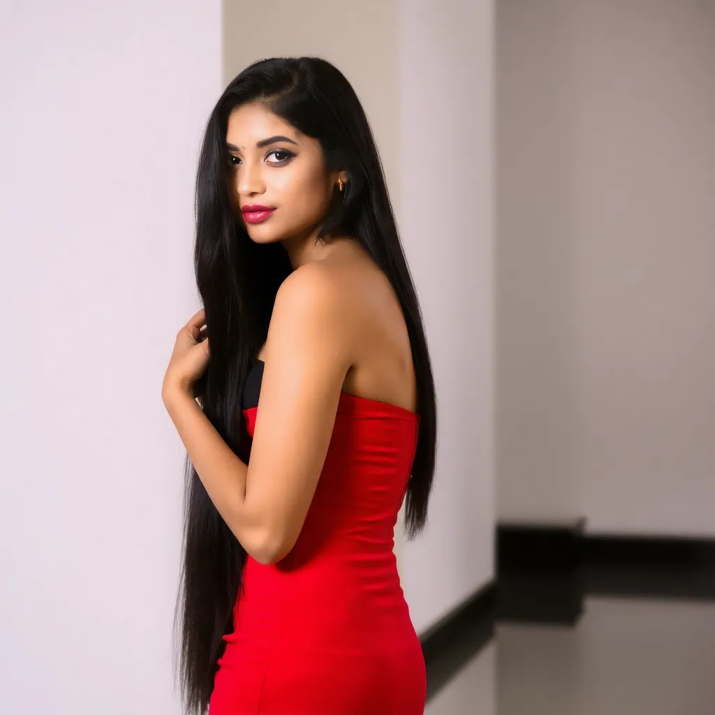 Elegant young Indian woman with long black hair wearing a red dress posing gracefully, representing a premium Lucknow escort