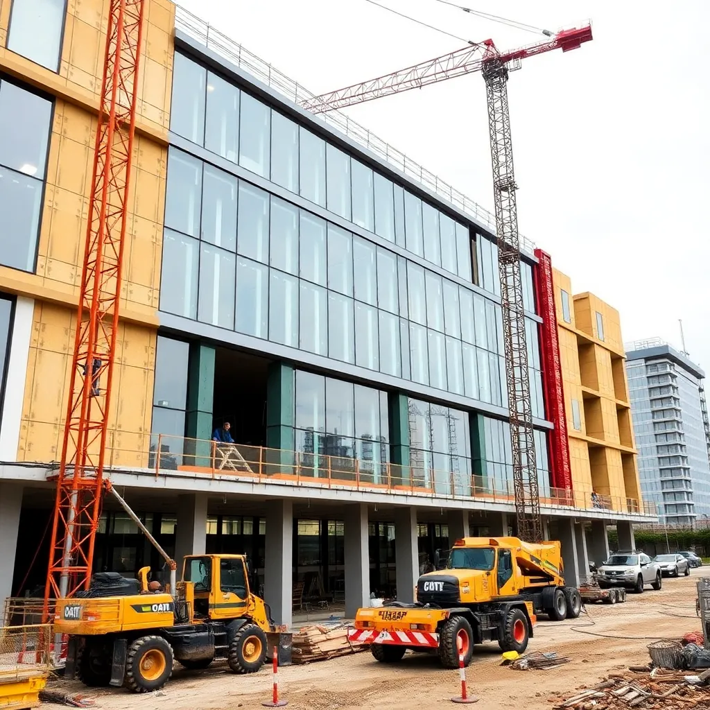 Construction site with workers and heavy machinery actively building a modern commercial building