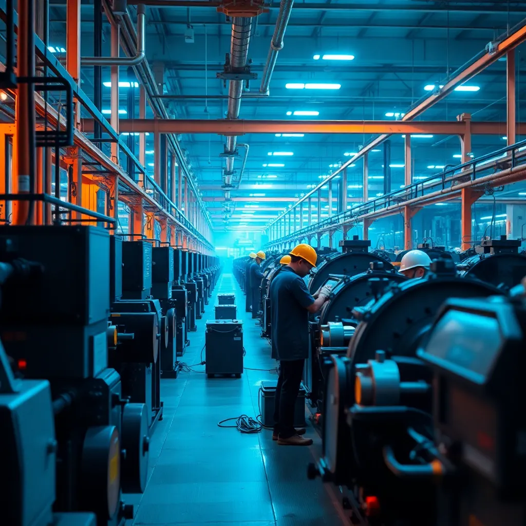 Industrial factory workers operating machinery in a large factory with blue and orange lighting