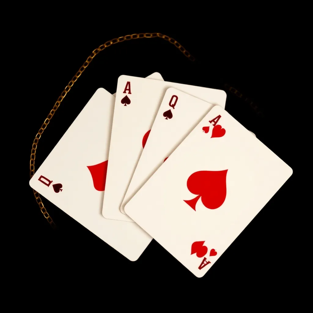 Point Teen Patti cards with diamonds, spades, hearts and gold chains on black background