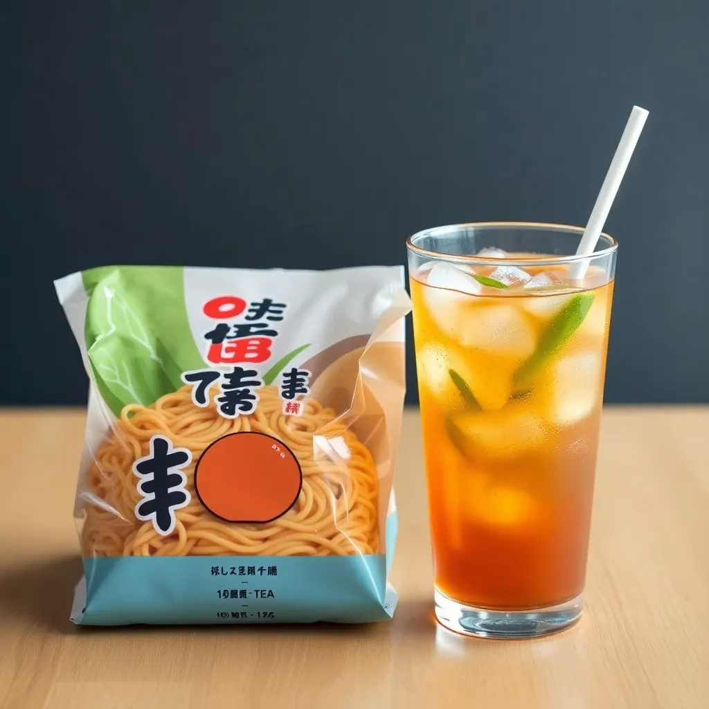 Meal package with noodles and iced sweet tea in glass