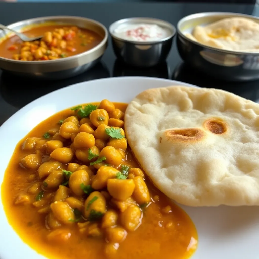 Plate of chole bhature with spicy chickpeas curry and fluffy fried bread